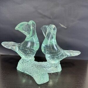 Vintage Art Glass Toucan Pair Figurine Seafoam Green Controlled Bubble Sculpture